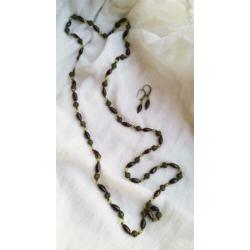 Lange ketting en oorbellen set, granaat olivijn filigraan