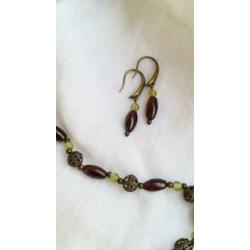 Lange ketting en oorbellen set, granaat olivijn filigraan