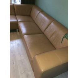 Hoekbank/chaise longue camel/licht bruin leer