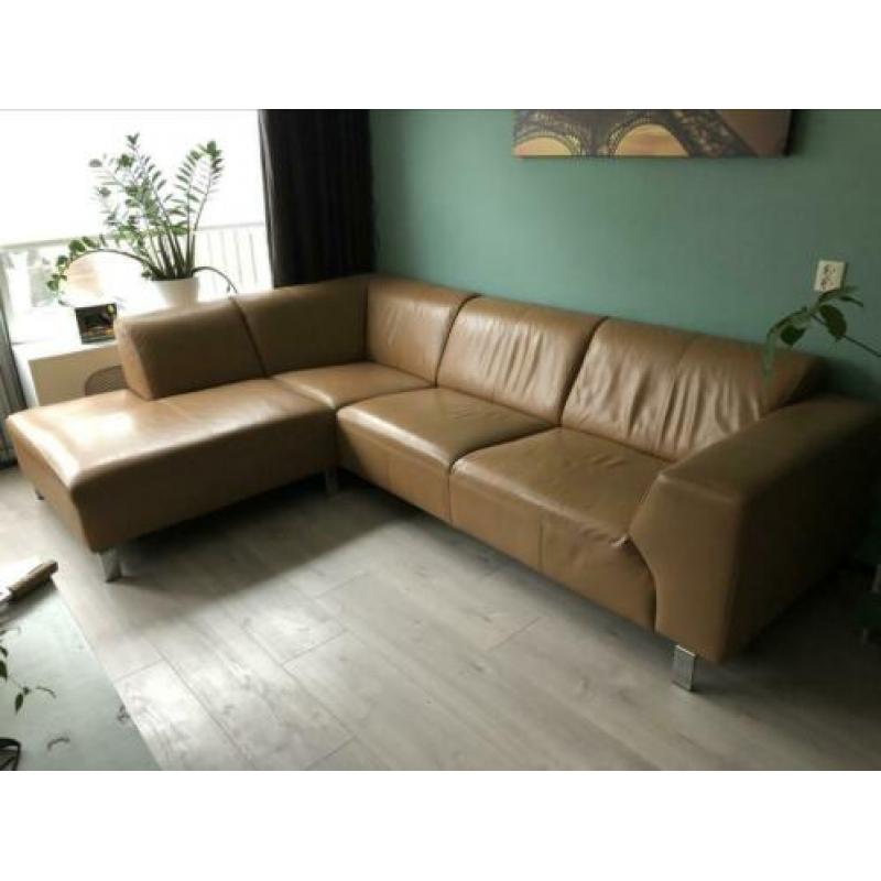 Hoekbank/chaise longue camel/licht bruin leer