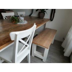 eettafel eiken, 6 stoelen + bankje /kloostertafel 8 personen