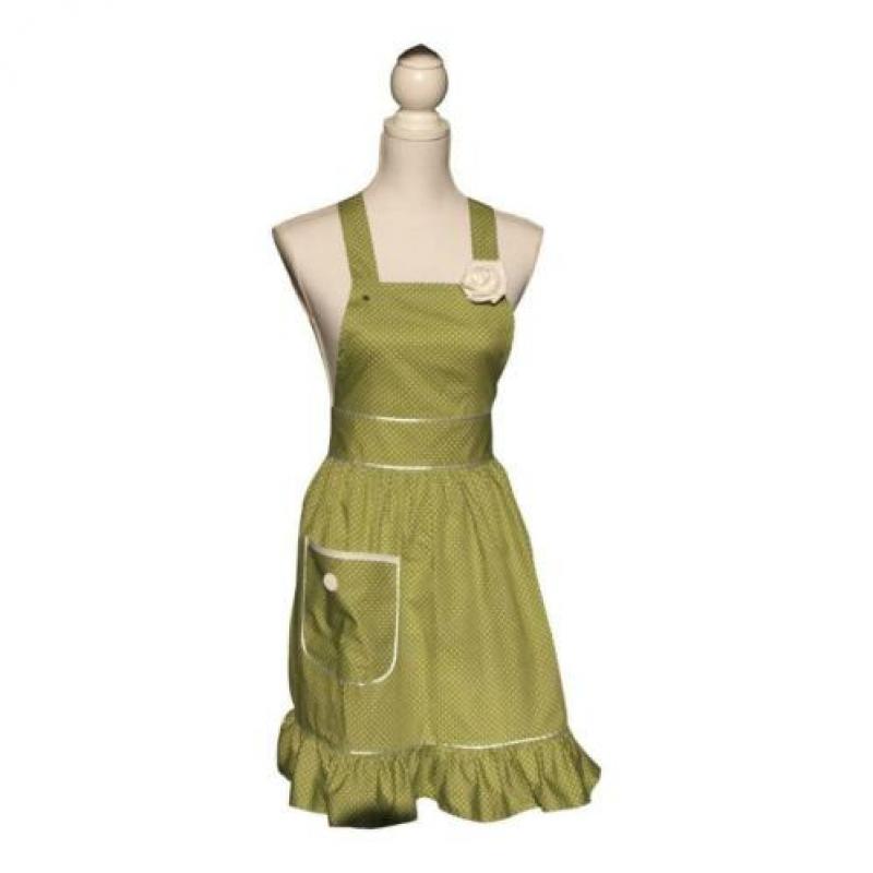 Vrouwelijk groen vintage keukenschort met stipjes (schort).