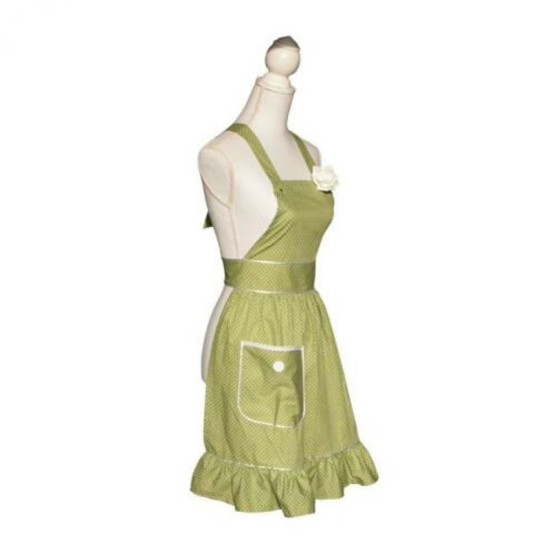 Vrouwelijk groen vintage keukenschort met stipjes (schort).