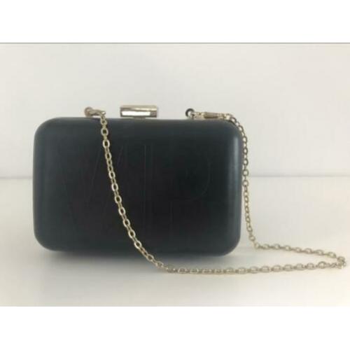 Black clutch bag with gold trim, 212 VIP by Carolina Herrera