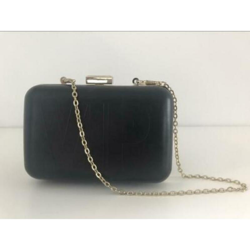 Black clutch bag with gold trim, 212 VIP by Carolina Herrera