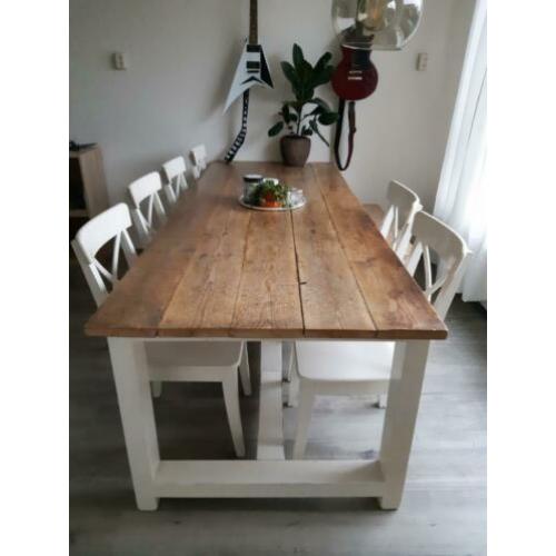 eettafel eiken, 6 stoelen + bankje /kloostertafel 8 personen