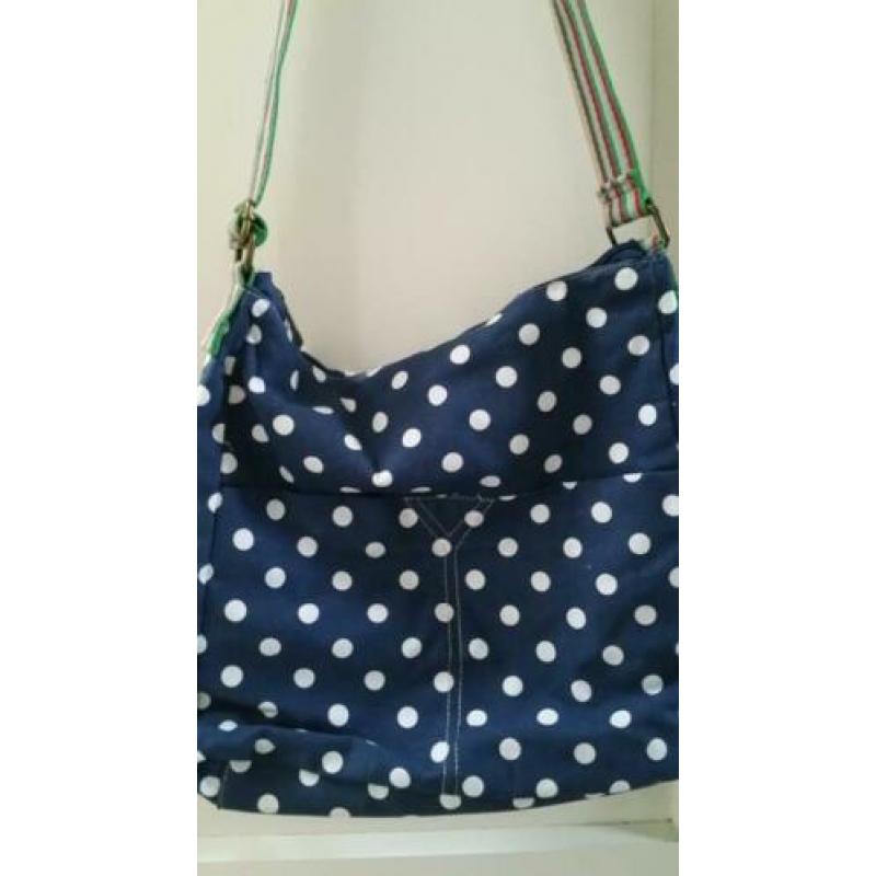 Handtas, schouldertas, katoen, stip polka dot, blauw en wit