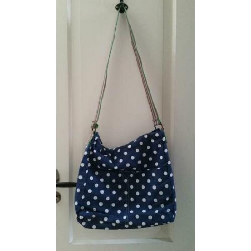 Handtas, schouldertas, katoen, stip polka dot, blauw en wit
