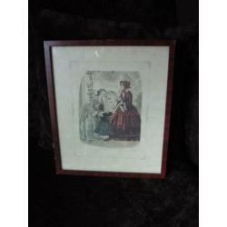 Mooie ingelijste oude modeprent, antiek, brocante