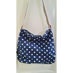 Handtas, schouldertas, katoen, stip polka dot, blauw en wit