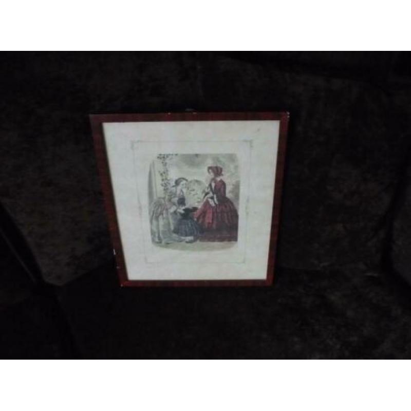 Mooie ingelijste oude modeprent, antiek, brocante