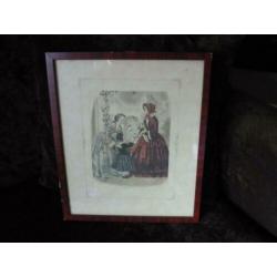 Mooie ingelijste oude modeprent, antiek, brocante