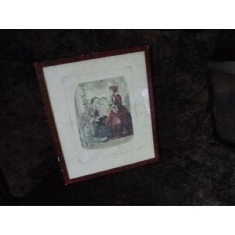Mooie ingelijste oude modeprent, antiek, brocante