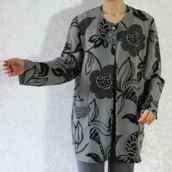 Vintage grijs blouse zwart bloem blad