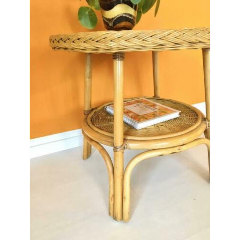 Vintage rotan bijzettafel riet rond retro salontafel