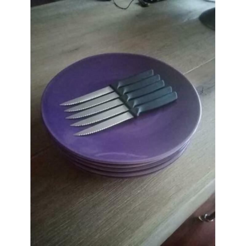 5 x Grote Bel Art borden + 5 steak mesjes