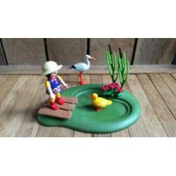 Playmobil meisje ooievaar eend groen riet bloemen dieren