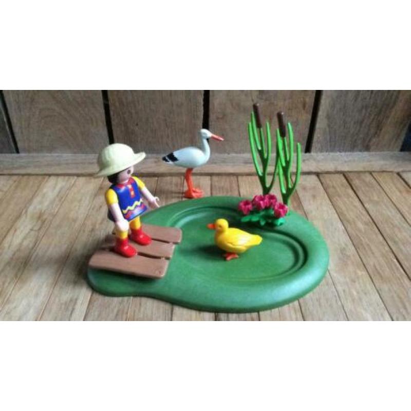 Playmobil meisje ooievaar eend groen riet bloemen dieren