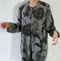 Vintage grijs blouse zwart bloem blad