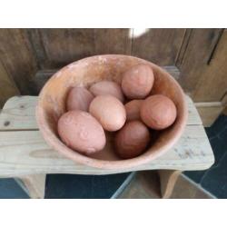 Brocante terracotta schaal met siereieren.Pasen/decoratie.