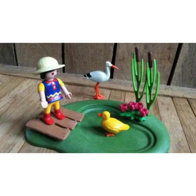 Playmobil meisje ooievaar eend groen riet bloemen dieren