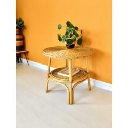 Vintage rotan bijzettafel riet rond retro salontafel