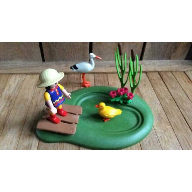 Playmobil meisje ooievaar eend groen riet bloemen dieren