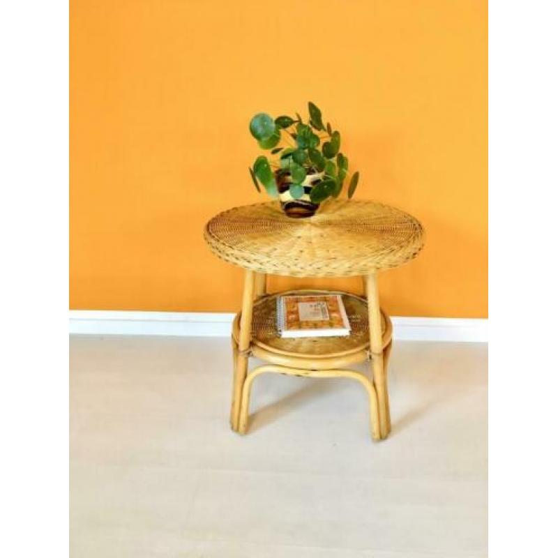 Vintage rotan bijzettafel riet rond retro salontafel