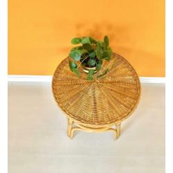 Vintage rotan bijzettafel riet rond retro salontafel
