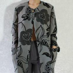 Vintage grijs blouse zwart bloem blad