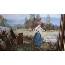 Het Meisje met de schapen en koeien schilderij