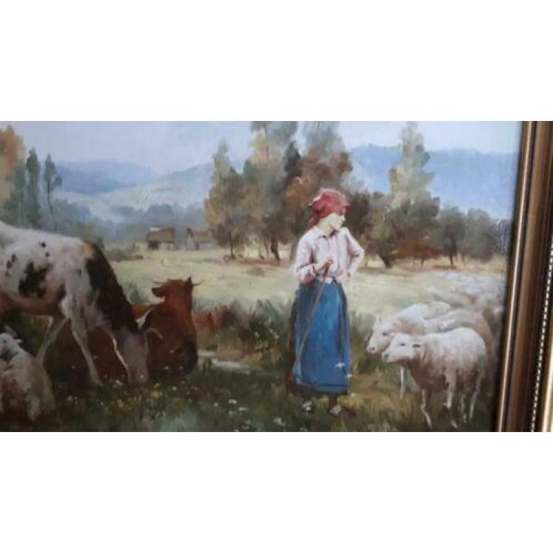 Het Meisje met de schapen en koeien schilderij