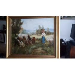 Het Meisje met de schapen en koeien schilderij