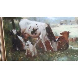 Het Meisje met de schapen en koeien schilderij