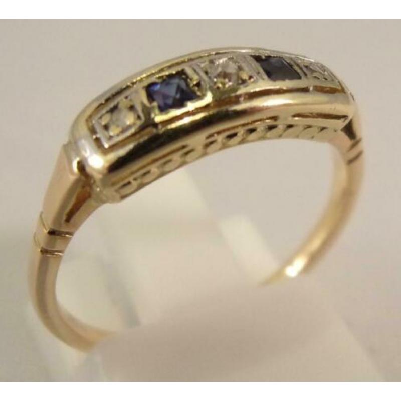 Antieke ring met Saffieren/Diamanten. Art Deco 18 krt goud
