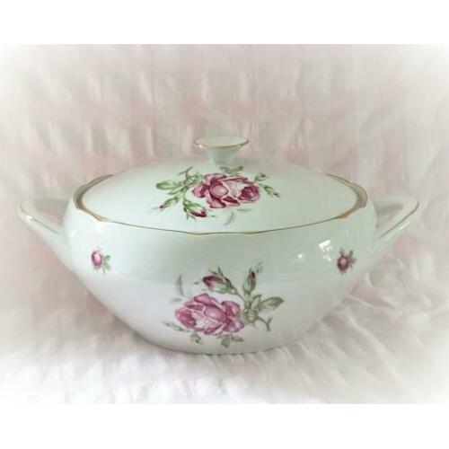Brocante schaal dekschaal roze rozen Czechoslovakia (677)