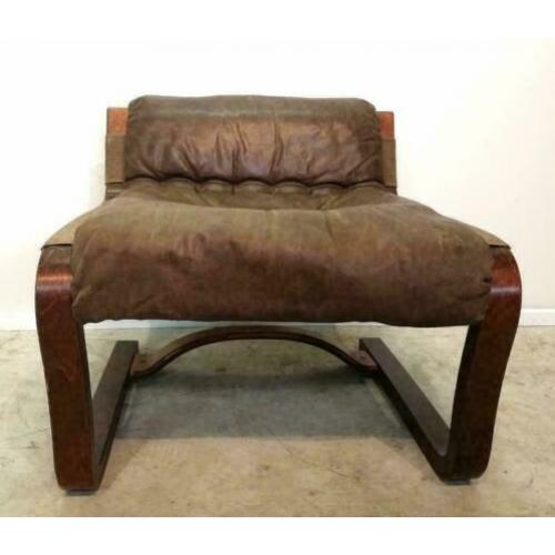 Scandinavische stoel, leer, hout, vintage