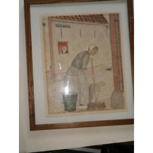 Zeer oude Aquarel (1873) Vr in kl.dracht Schev,, aan h vegen